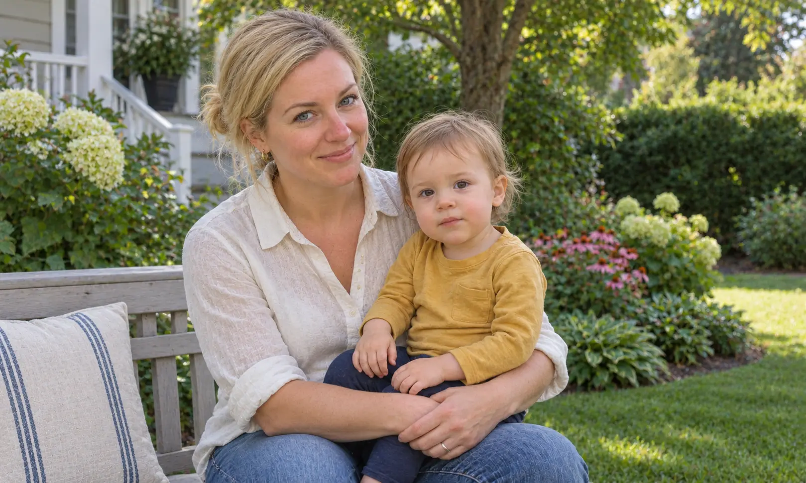 Claire sitting on her front steps with her youngest child on her lap