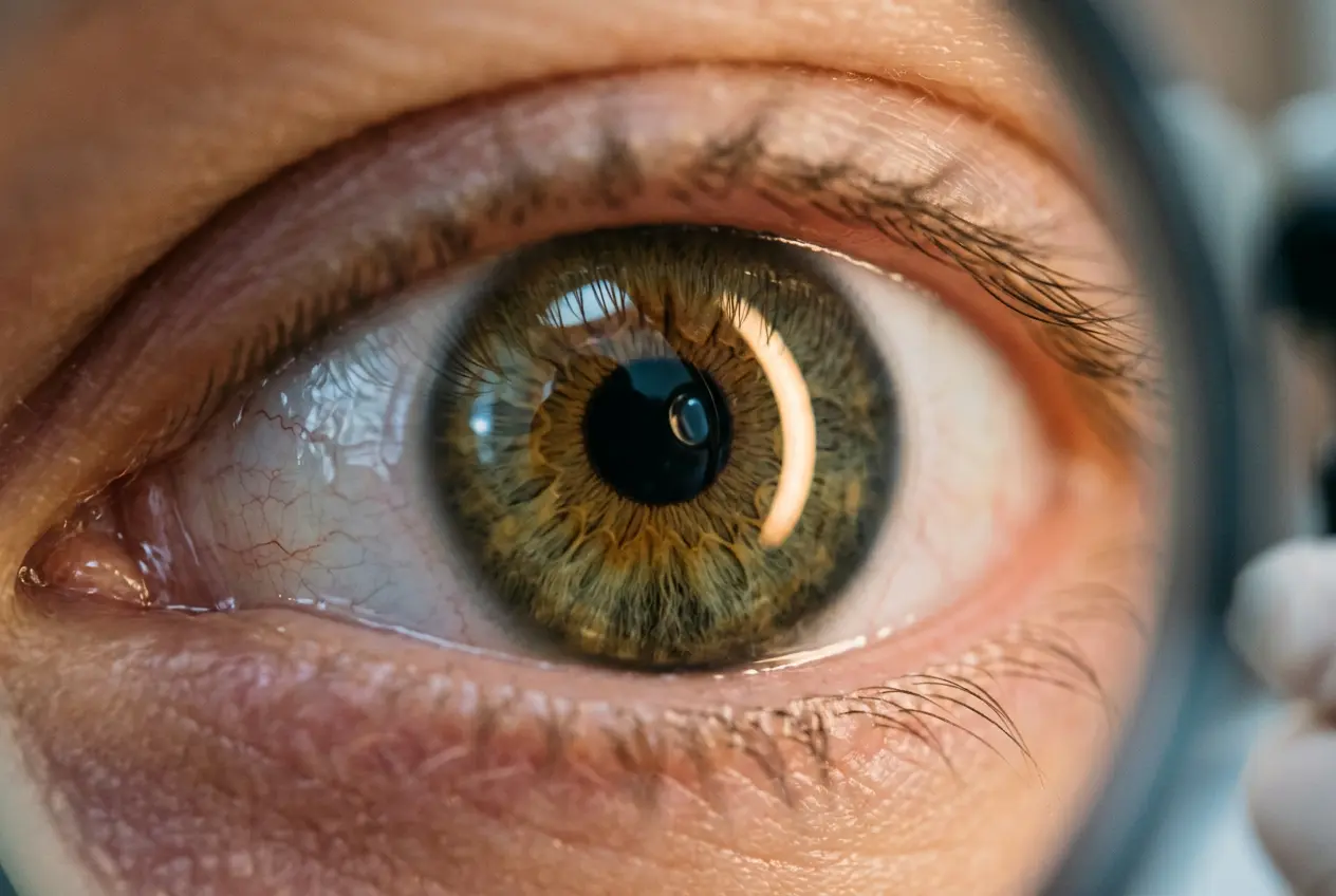 Close up of an eye being examined with a magnifying lens and a warm light box