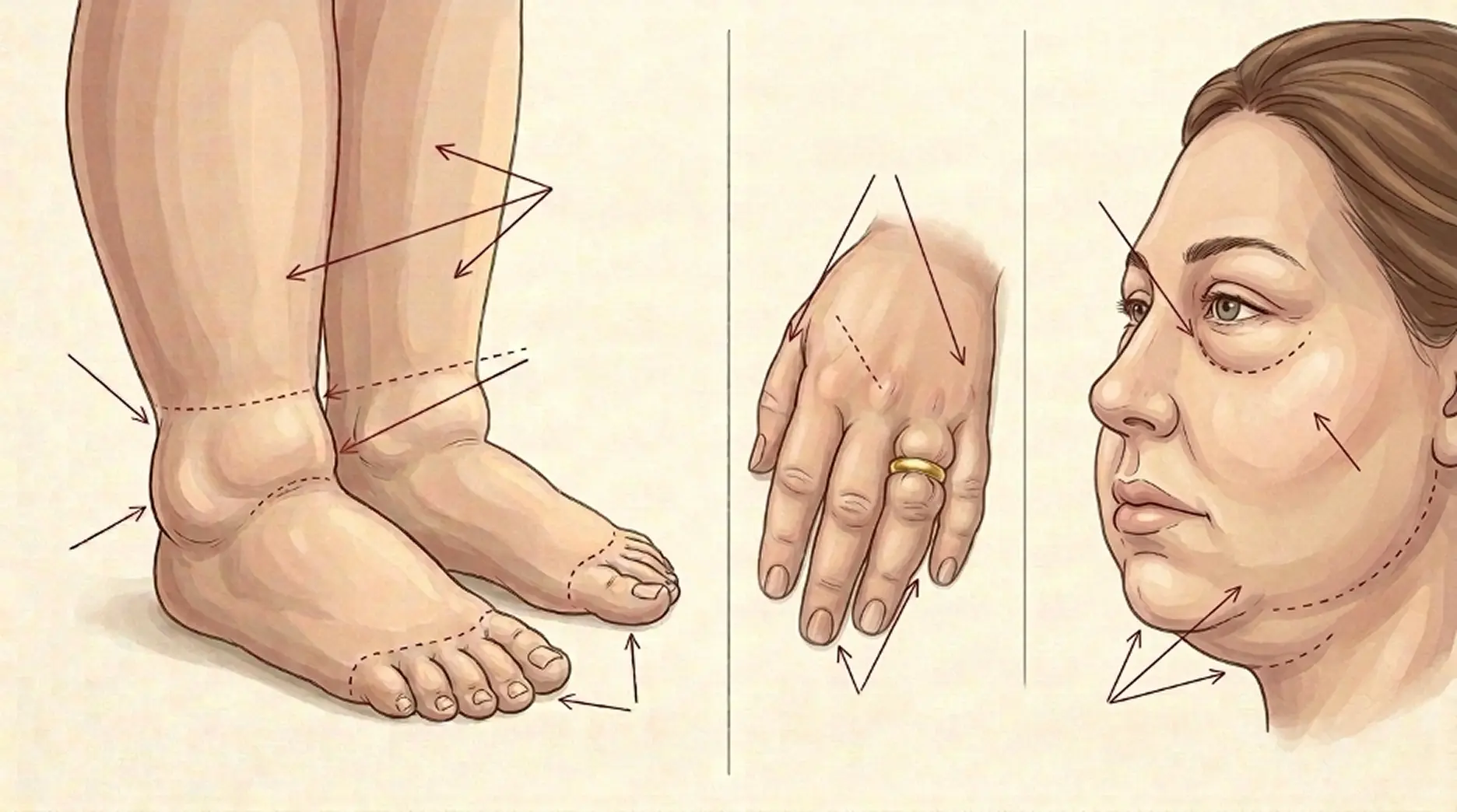 Anatomical illustration showing fluid retention in the ankles, hands and face