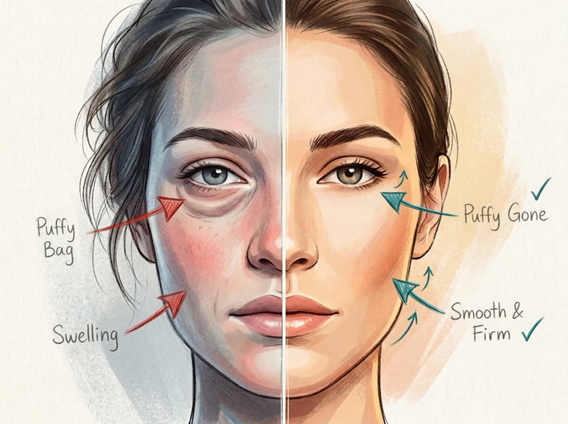 Before and after: puffy under-eyes in the morning compared with a drained face