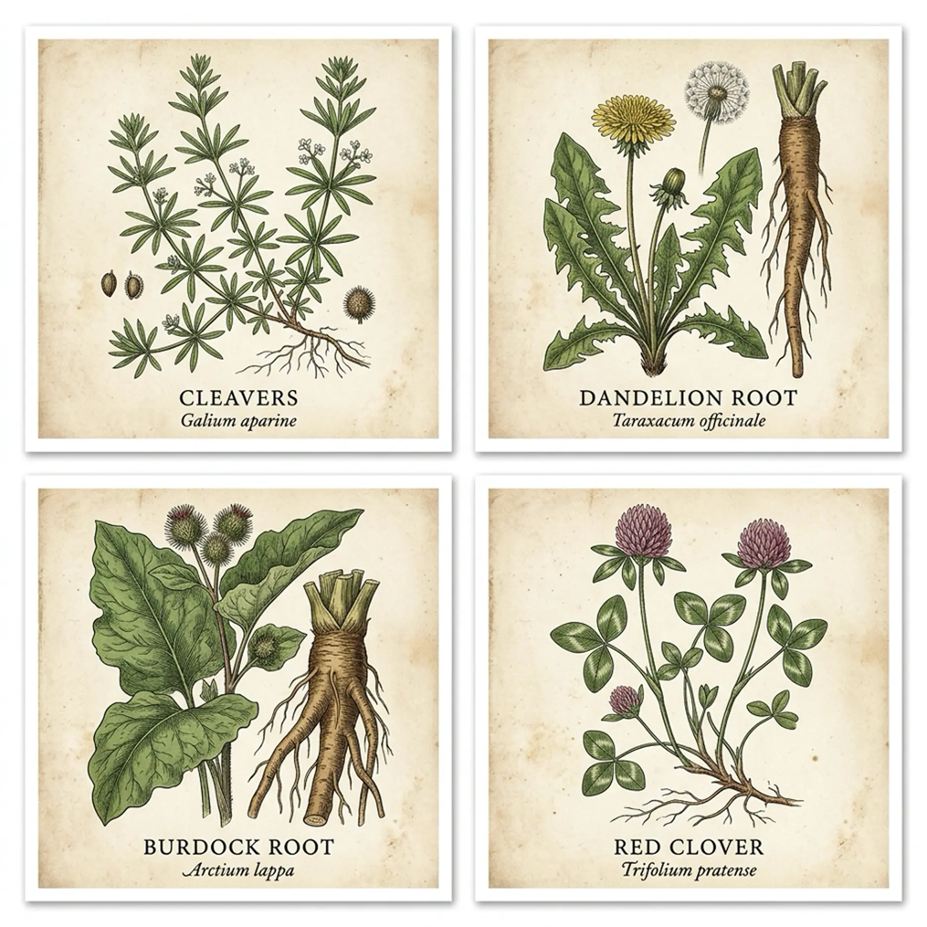 Cleavers, dandelion root, burdock root and red clover