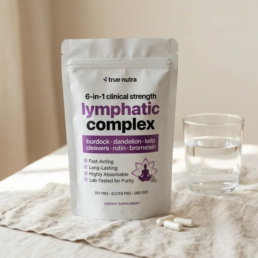 TrueNutra Lymphatic Complex pack beside a glass of water and capsules