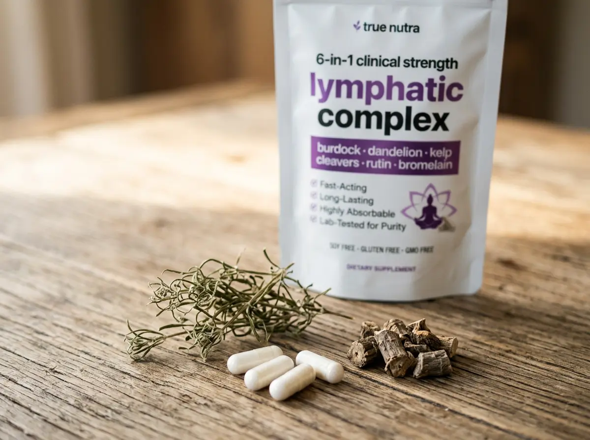 TrueNutra Lymphatic Complex pack with capsules on a wooden table